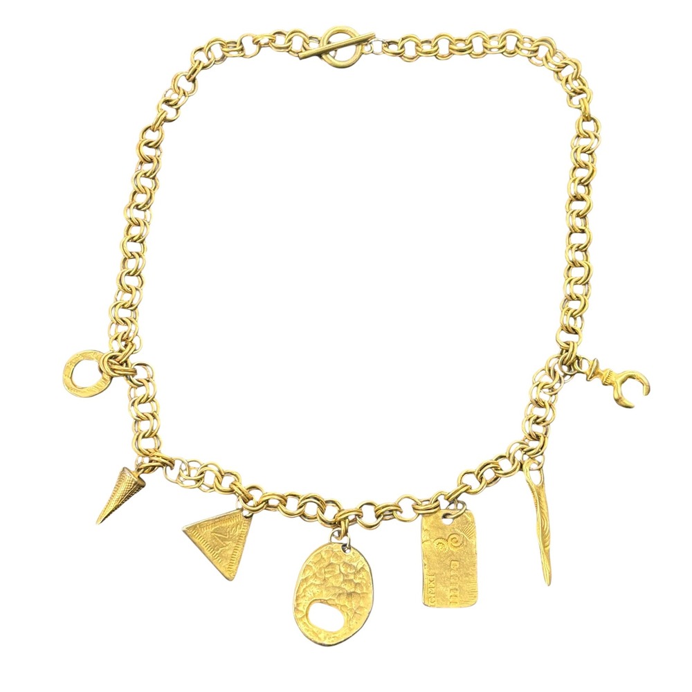 Matte Gold Tone Eclectic Charm Necklace Double Link Chain Toggle Clasp Boho